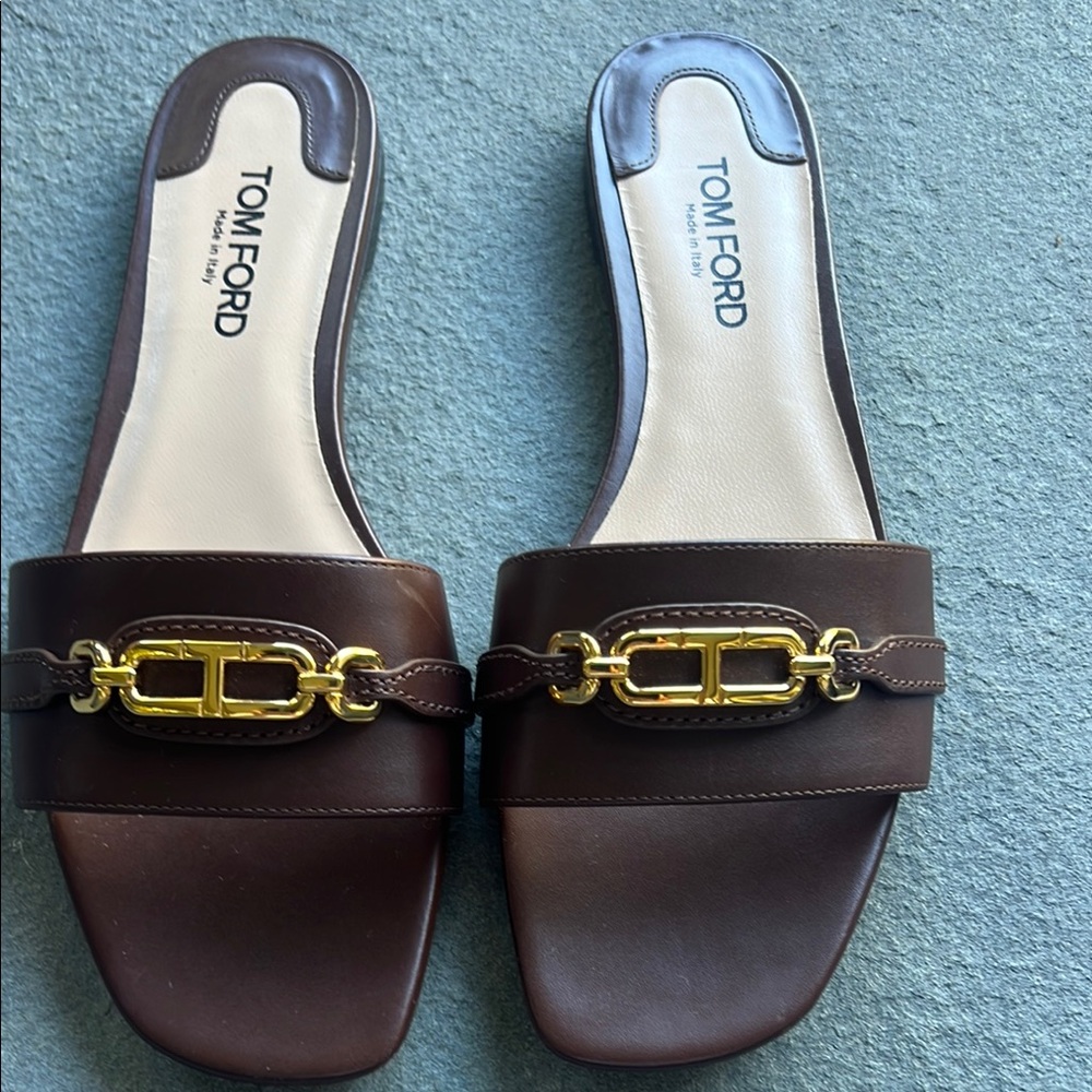 Tom Ford Dark Brown Leather Sandals with Gold Accent